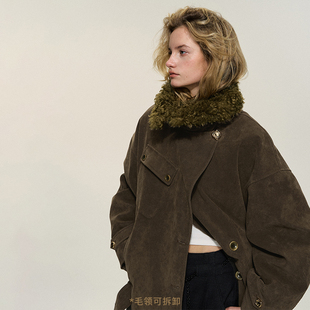 【XSPACE】Dpercent｜深栗色可拆卸毛领廓形麂皮夹克短外套