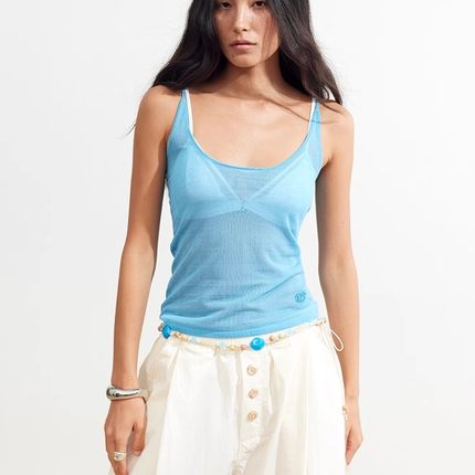 【XSPACE】Dpercent丨蓝色薄透大U领修身细肩带打底针织背心吊带