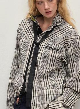 【XSPACE】Dpercent｜褶皱黑白皱感纹理翻领撞色领带长袖衬衫外套