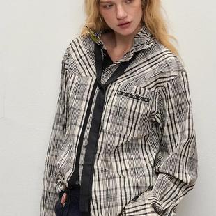 【XSPACE】Dpercent｜褶皱黑白皱感纹理翻领撞色领带长袖衬衫外套