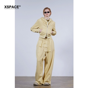 【XSPACE】DONOTDISTURB复古水洗做旧废土风刺绣双拉链连帽卫衣