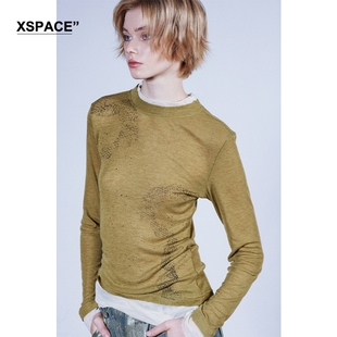 【XSPACE】DONOTDISTURB基础做旧舒适假两件刺绣印花针织长袖内搭