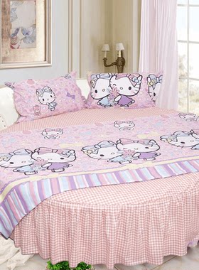 公主房床品纯棉全棉圆床四件套圆被套圆床单韩版圆床裙粉格KT猫