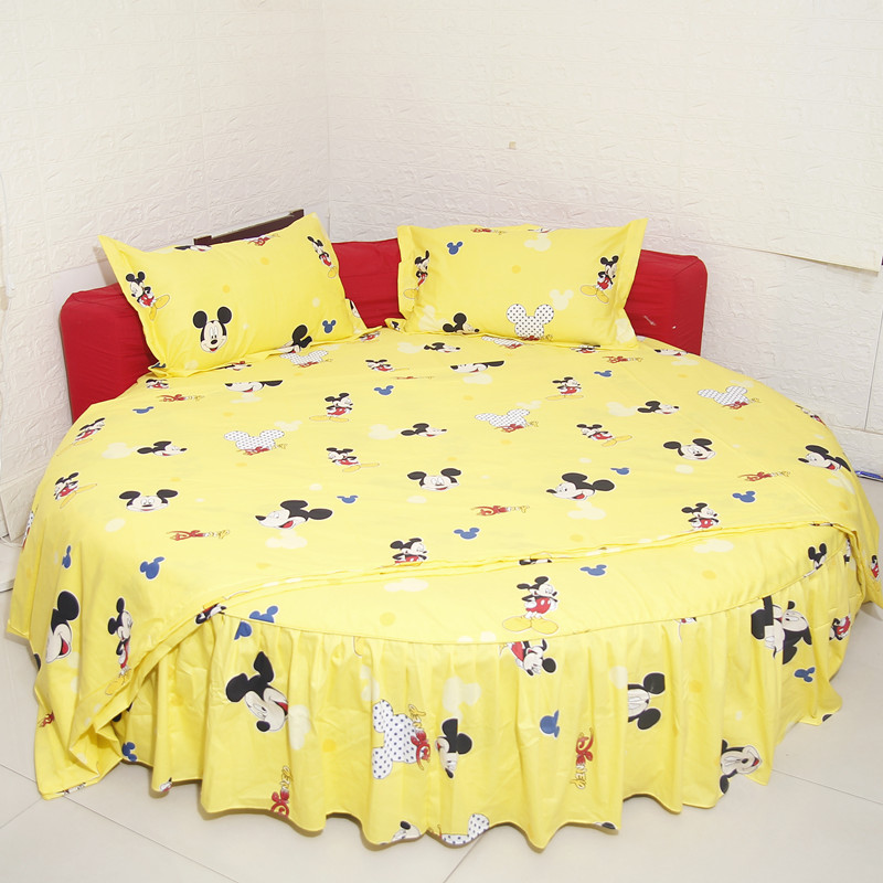 新款纯棉纯色米奇黄色卡通斜纹圆床四件套圆形床上全棉欧式床罩定