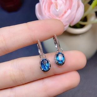 天然伦敦蓝托帕石耳钉女s925纯银镶嵌宝石全净体火彩爆闪耳环耳坠