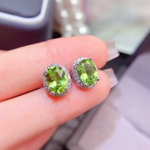 天然橄榄石耳钉女s925纯银镶嵌宝石清新甜美时尚轻奢气质耳环配饰