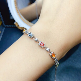 天然彩蓝宝手链女s925纯银镀18k金镶嵌宝石3*4多巴胺轻奢时尚个性