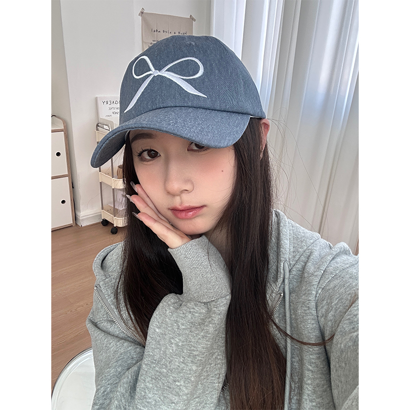韩系小众蝴蝶结刺绣鸭舌帽可爱甜美芭蕾风雾霾蓝棒球帽春夏女帽子