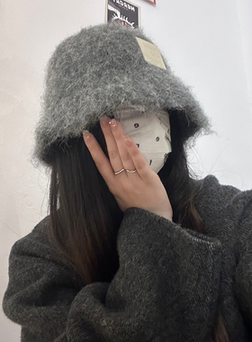 秋冬拉毛氛围感渔夫帽保暖加厚显脸小盆帽女素颜百搭灰色毛绒帽子