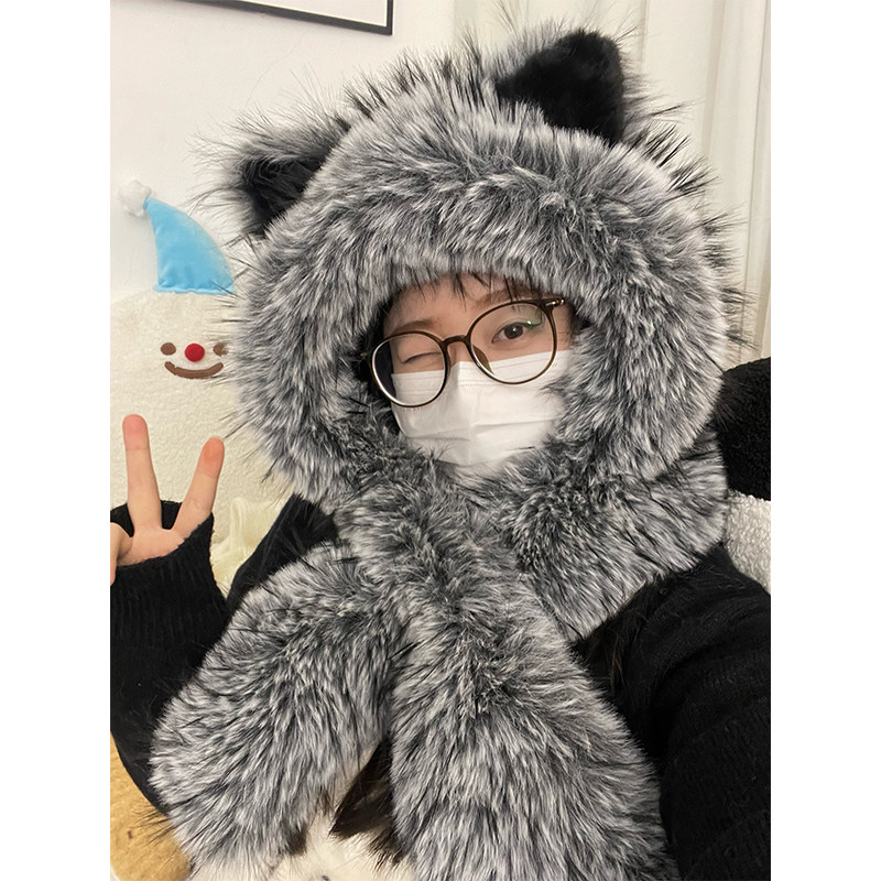 高级感狐狸耳朵毛绒帽子围巾一体