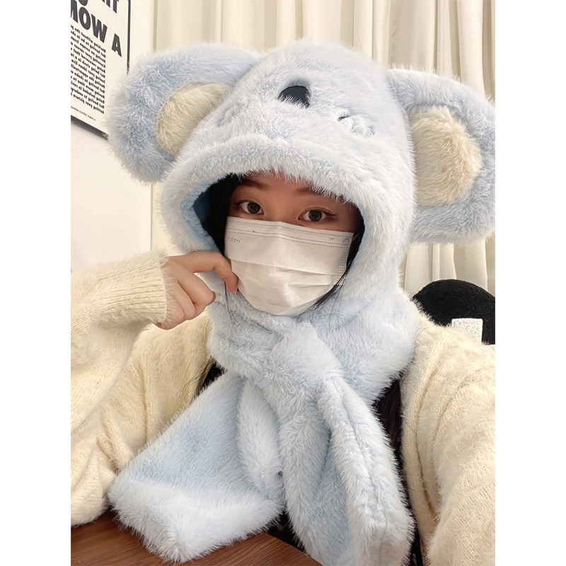 可爱考拉毛绒帽子围巾一体秋冬女加厚保暖显脸小防风护耳雷锋帽