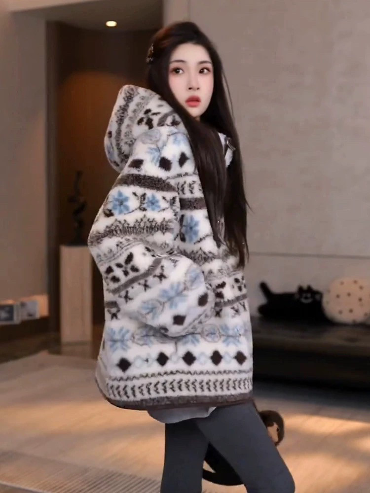 C102双面穿费尔岛全羊毛立领连帽加厚羊剪绒皮毛一体皮草外套冬