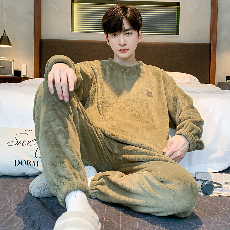 男士睡衣圆领套头家居服套装冬季