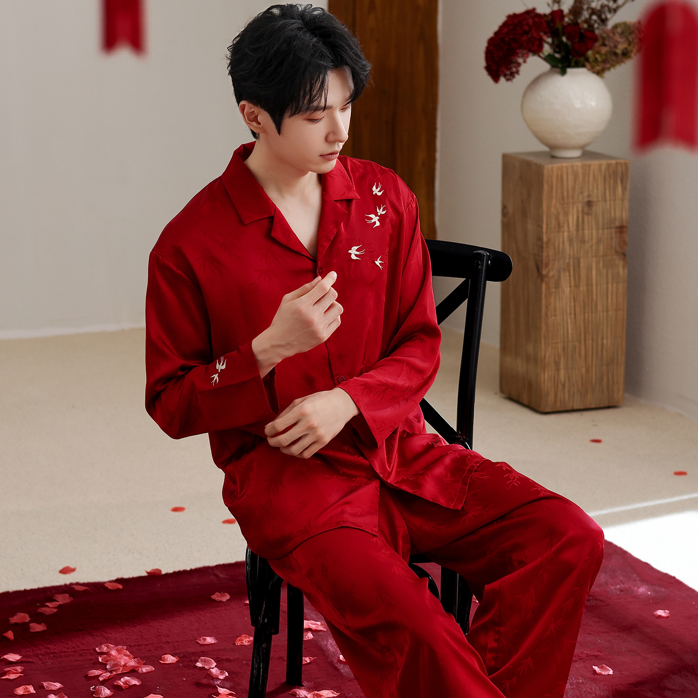 男冰丝睡衣套装结婚本命红家居服