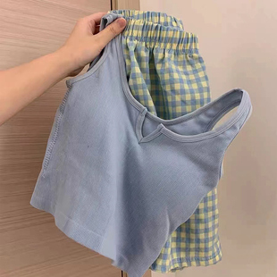 ins韩风外穿 家居服套装 2023新款 带胸垫吊带睡衣女夏背心格子短裤