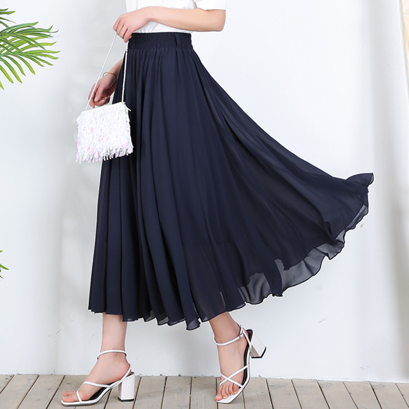 雪纺半身裙女夏秋季中长款垂感裙子半身过膝长裙到脚踝高腰大摆裙