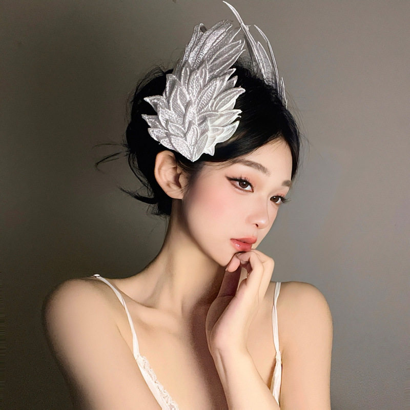 ins超仙天使之翼Lolita羽毛夹子头饰发夹黑白双色刺绣cos发饰女图片