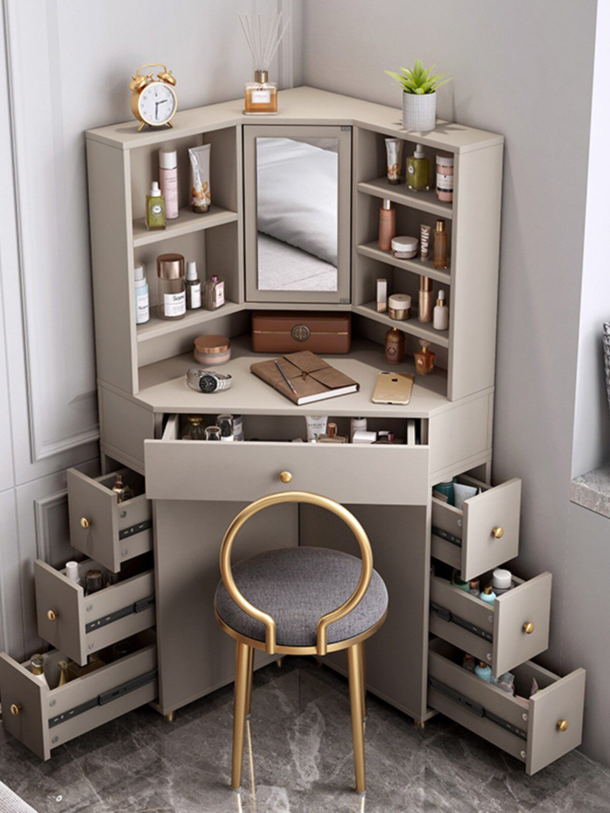 三角形墙角梳妆台轻奢转角收纳柜一体卧室现代简约拐角三角化妆桌