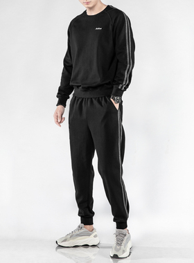 卫衣套装男条纹套头二件套春秋款运动休闲装一身搭配帅气潮流外套