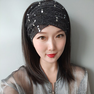 原创欧美摩登和风复古宽版发带发巾黑色亮片纱网发帽子 遮白发巾