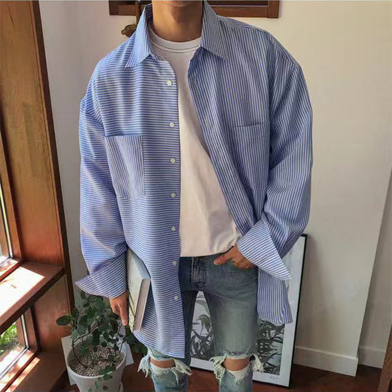 20秋季百搭款男衬衫细条纹大口袋长袖衬衫休闲大版男衬衫D603P50图片