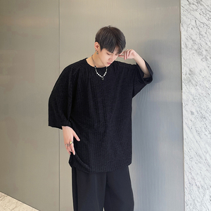 2023夏季金丝绒纯色波浪纹宽松小众休闲男士t恤D843P48图片