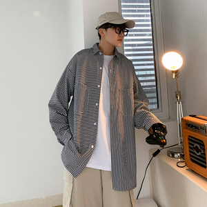 2021春夏季条纹工装长袖衬衣男士宽松衬衫长袖潮男D603P45图片