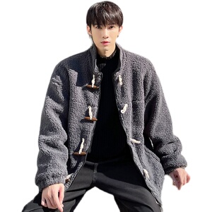 2021小众加厚立领宽松休闲冬季牛角扣羊羔毛外套D06P115图片