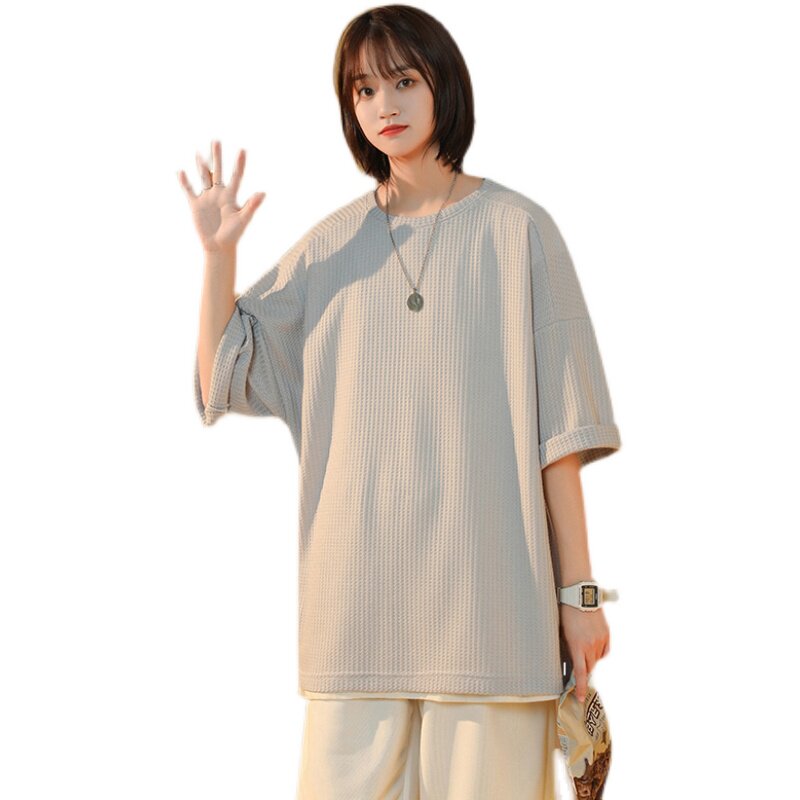 2021夏季新款华夫格舒适时尚潮款宽松五分袖T恤D125P35,女装T恤,星座312B-1