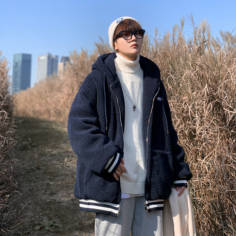2023冬季新款中性百搭学院风羊羔毛外套加棉加厚连帽棉衣D117P115图片
