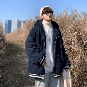 2023冬季新款中性百搭学院风羊羔毛外套加棉加厚连帽棉衣D117P115图片