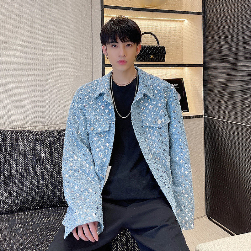 2021小众秋季夹克外套男士宽松工装亮片牛仔夹克D750,男装夹克,星座312B-1