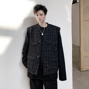 2021秋季复古坎肩男外穿小香风粗花呢马甲夹秋外套D682图片