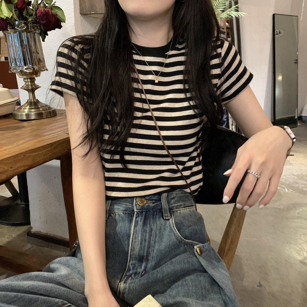 夏季修身显瘦撞色百搭条纹上衣复古设计感正肩短袖T恤女打底衫潮