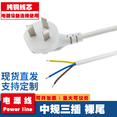 白色 纯铜国标10A电源线三芯带插头单头裸尾线075平方电脑连接线