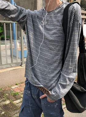 BUFANSTUDIO休闲卷边设计长袖圆领T恤条纹慵懒早秋高级感罩衫男女