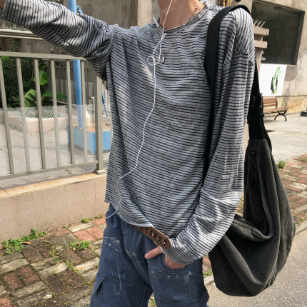 BUFANSTUDIO休闲卷边设计长袖圆领T恤条纹慵懒早秋高级感罩衫男女