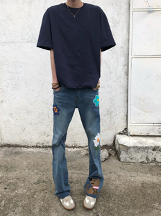 BUFANSTUDIO自主花花刺绣水洗牛仔裤男女潮牌长裤子修身直筒裤潮