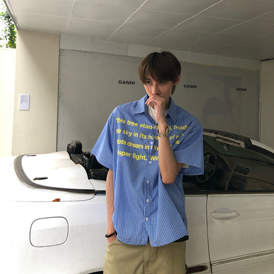 拼接蓝色短袖格纹衬衫