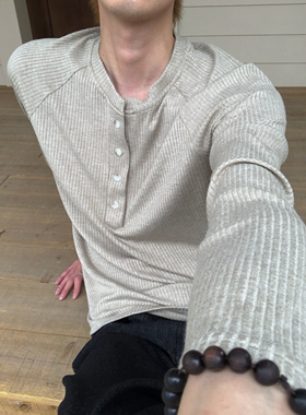 BUFANSTUDIO四扣微透长袖T恤舒适慵懒风纯色上衣老钱风cleanfit男