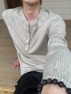 BUFANSTUDIO四扣微透长袖T恤舒适慵懒风纯色上衣老钱风cleanfit男