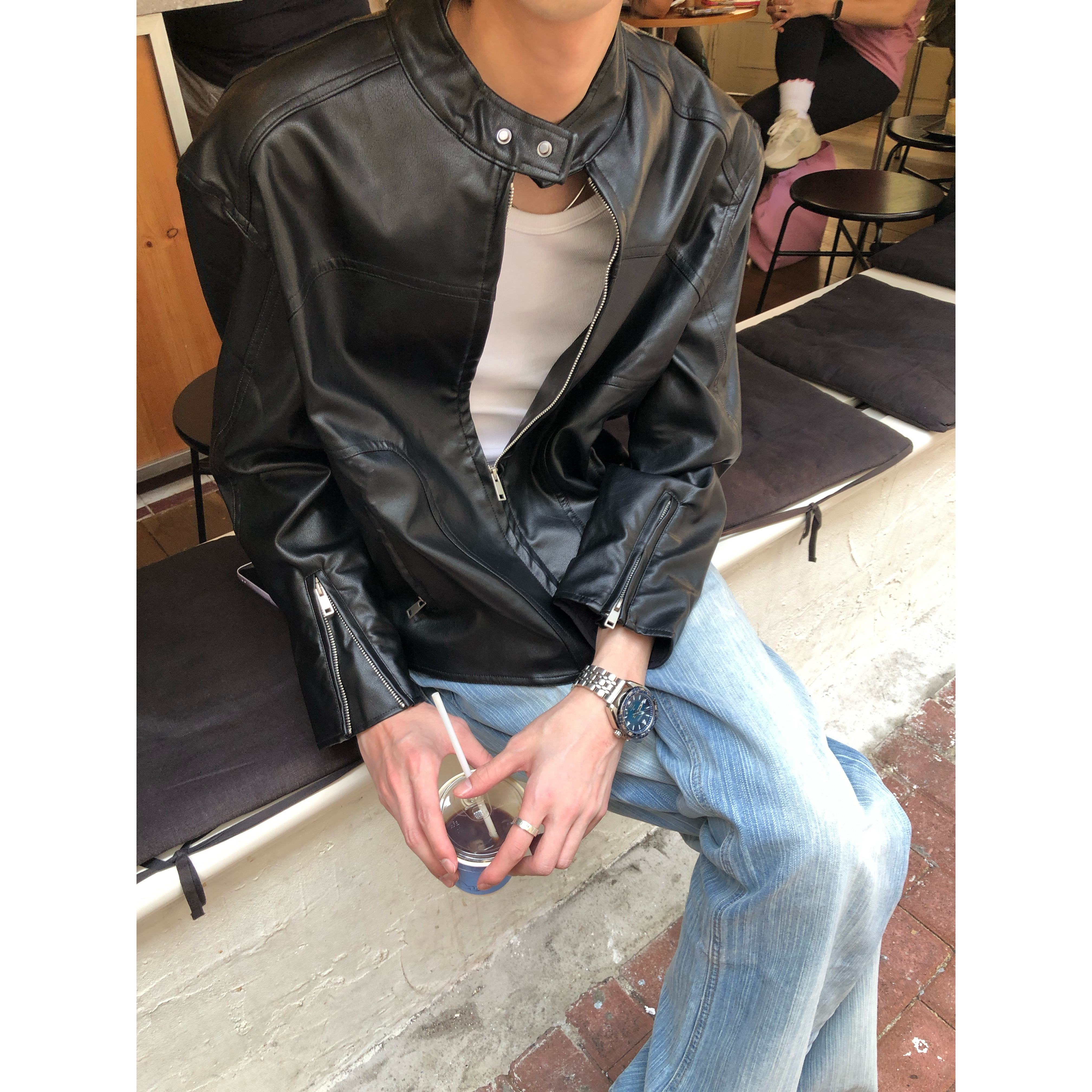 BUFANSTUDIO【性感遗蜕】哈灵顿立领拼接机车皮衣短款秋冬外套男
