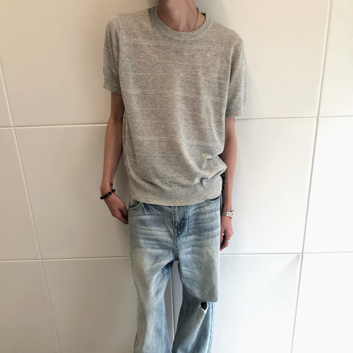 亚麻高级麦穗线针织拼接短袖