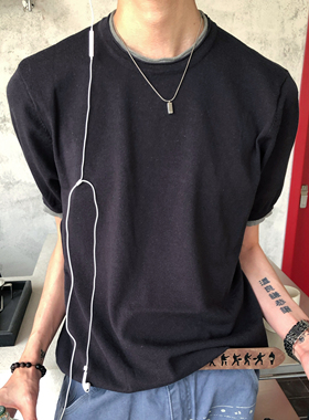 BUFANSTUDIO夏日舒适天然亚麻撞色拼接圆领短袖正肩T恤男cleanfit