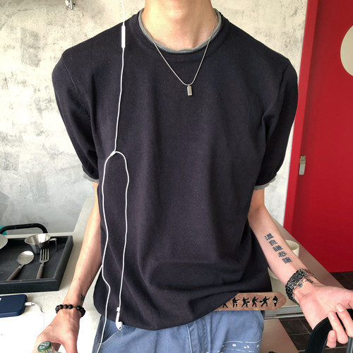 舒适天然亚麻撞色拼接圆领短袖