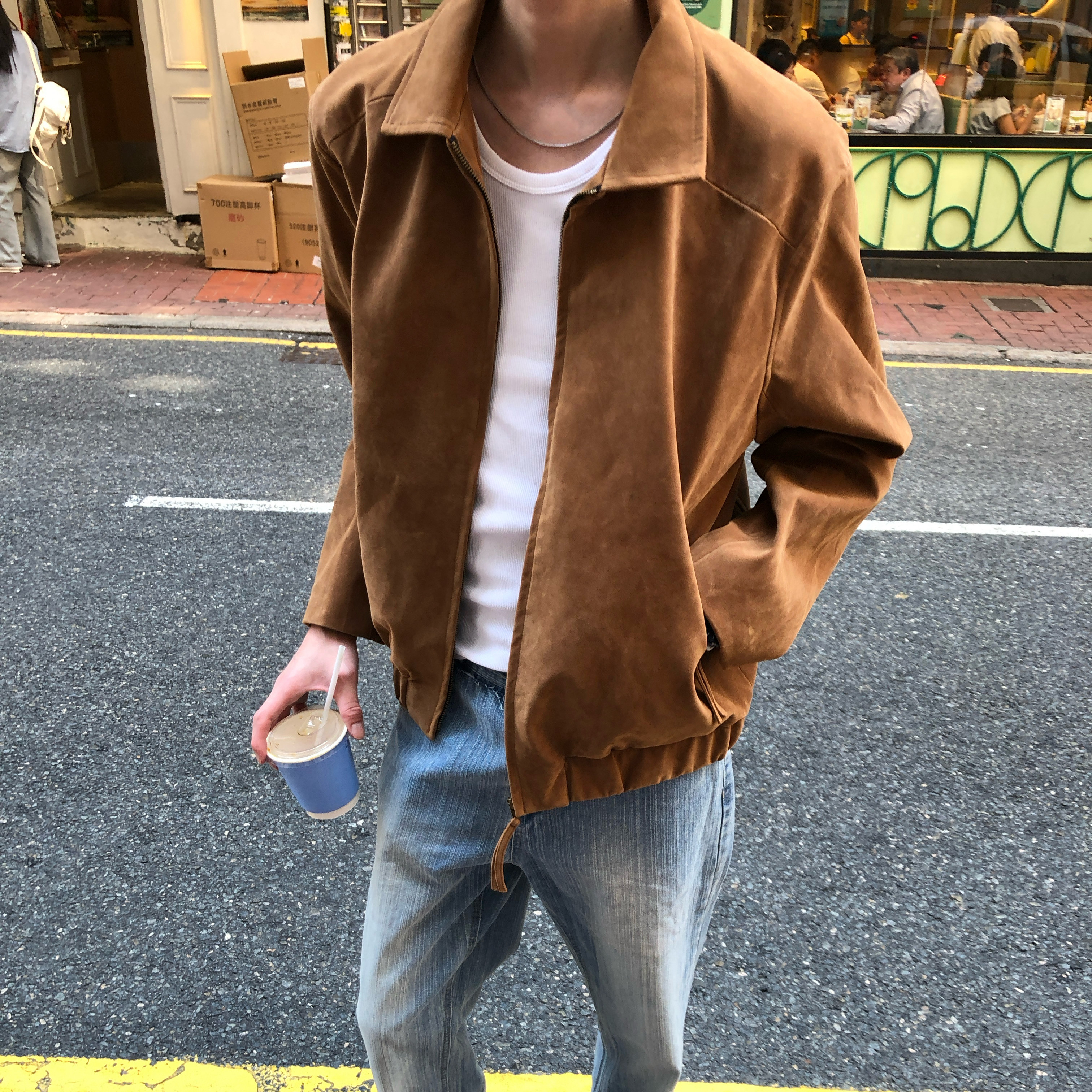 BUFANSTUDIO皮绒质感美式复古翻领夹克宽松休闲秋冬巴恩风外套男