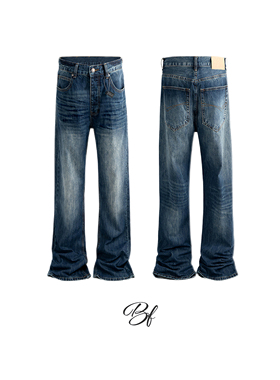 BUFANSTUDIO美式复古水洗做旧牛仔裤男宽松直筒阔腿拖地长裤子潮