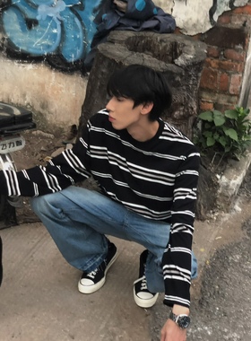 BUFANSTUDIO干净黑白条纹长袖纯棉T恤情侣休闲干净落肩宽松纯棉