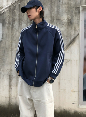 BUFAN STUDIO400g重磅复古拼色织带重工立领夹克藏青休闲外套