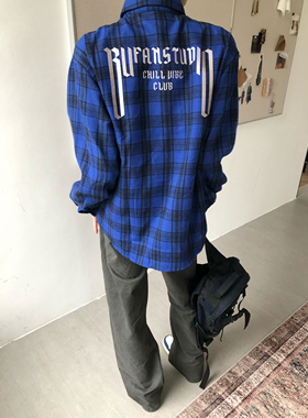 BUFANSTUDIO刺绣设计红蓝格纹衬衫vibe长袖上衣男cleanfit开衫潮